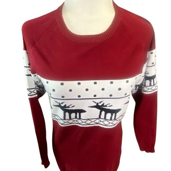 Reindeer Sweater Tunic Women Large Red Fair Isle Cozy Holiday - Picture 2 of 5